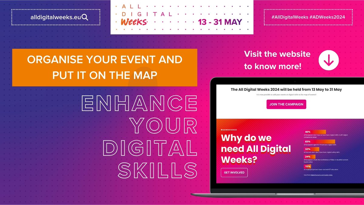 We encourage organisations to get involved in the #AllDigitalWeeks campaign. How?
1) Organise an event focusing on #digitalskills
#inclusion #education.
2) Put your event on the #ADWeeks2024 map: alldigitalweeks.eu/home-2024/loca…
3) Share it on socials using #ADWeeks2024
#AllDigitalWeeks