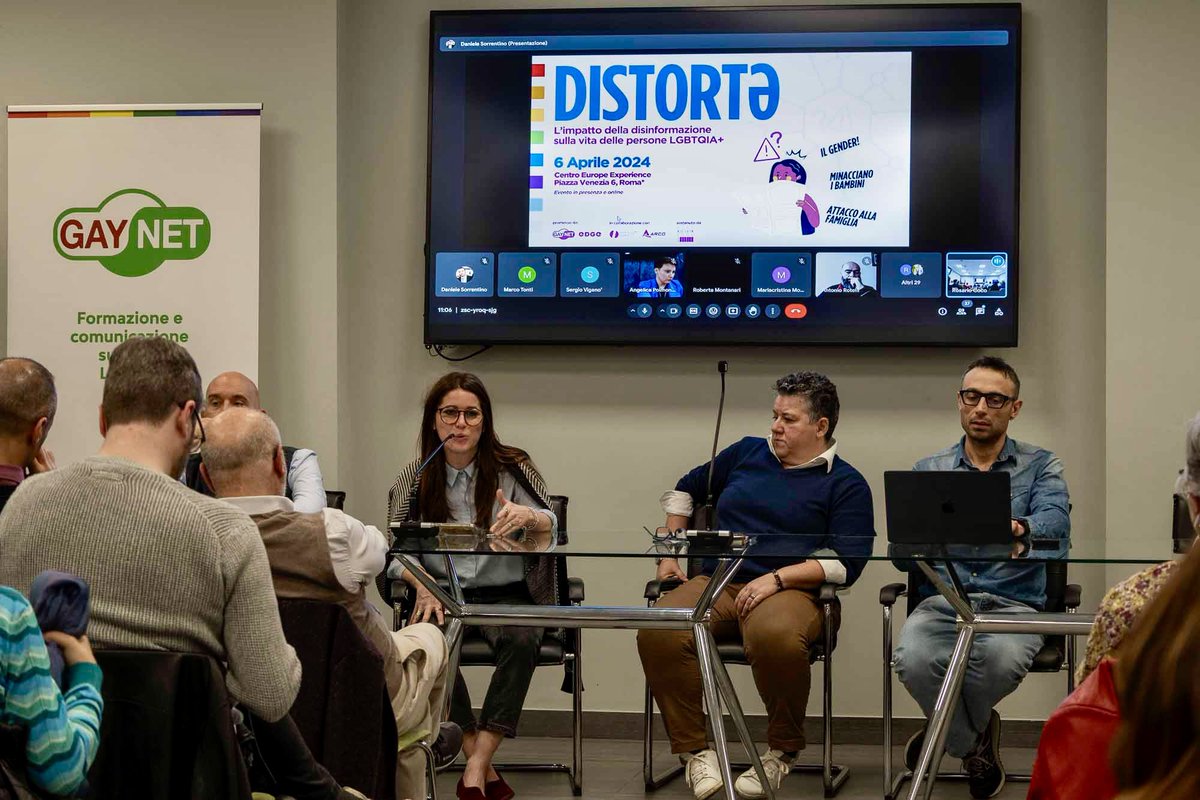 GaynetItalia's tweet photo. Le associazioni Gaynet e EDGE, ringraziano tutte le persone intervenute durante l’evento “Distortə – L’impatto della disinformazione sulla vita delle persone LGBTQIA+” di sabato 6 aprile a Roma, al Centro Europa Experience. Tutti i materiali: https://t.co/1BxKC0uSIE https://t.co/ptk4p8gNKf