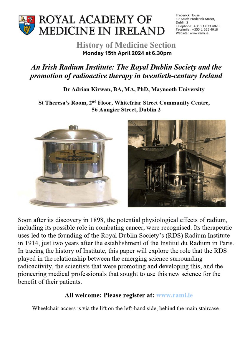 I'll be talking about radium therapy and @TheRDS Radium Institute on 15 April