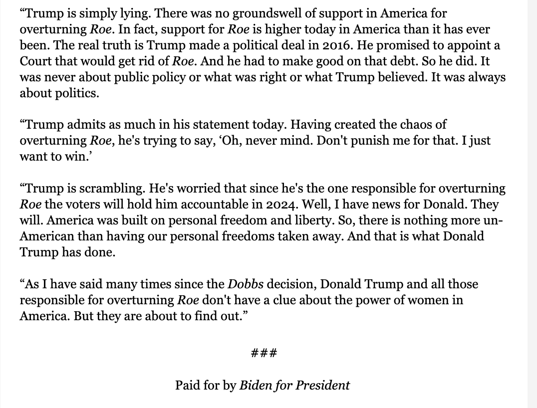 NEW from @JoeBiden on Trump's abortion comments >> “Trump is scrambling. He's worried that since he's the one responsible for overturning Roe the voters will hold him accountable in 2024. Well, I have news for Donald. They will.