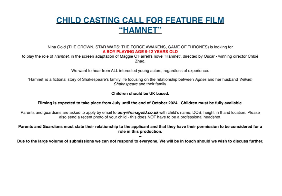 📣CASTING CALL📣 We are looking for a boy playing age 9-12 years old to play the role of Hamnet. PLEASE SHARE
