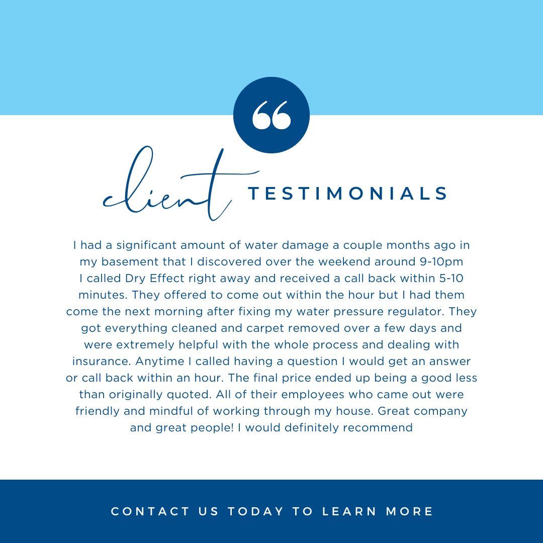 Thrilled to share this glowing customer testimonial! 

'Discovered significant water damage in my basement, called @DryEffect immediately. Their prompt response, efficient work, and friendly team made the process smooth. Highly recommend!'
🏡💧 #CustomerExperience #HappyCustomers