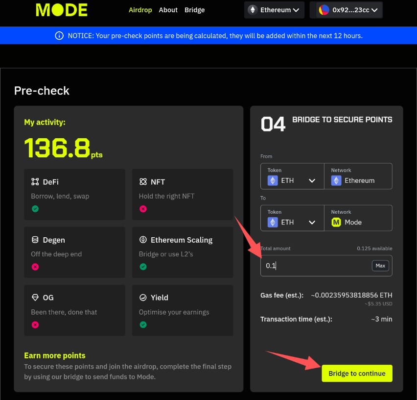 1/ Bridge to mode ⭕✨ Go to : ref.mode.network/DyU8ya ➖ Connect wallet & 𝕏 ➖ Bridge to secure points ➖ Enter the amount of ETH & bridge 👉 Try to complete this step when the GWEI is low.