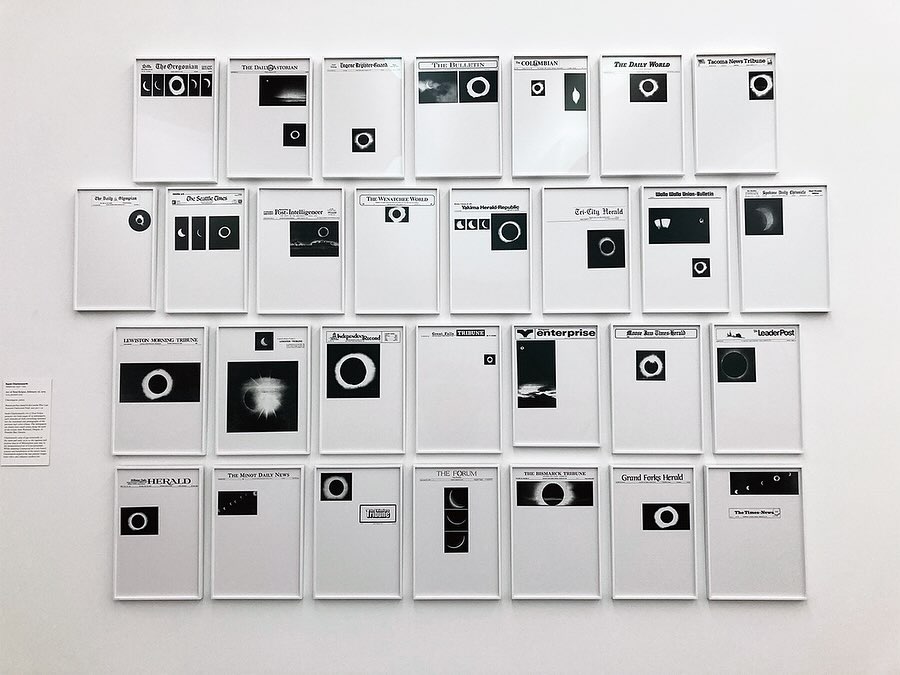 On February 26, 1979, a total #solareclipse landed on the front page of newspapers across the country. Sarah Charlesworth’s “Arc of Total Eclipse” presents the front pages with everything removed but the masthead & photographs drawn from locations along the #eclipse path.