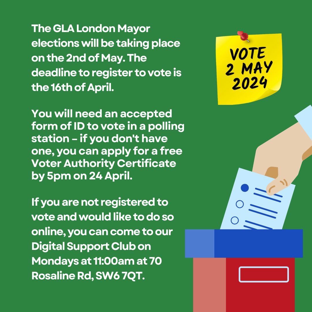 🗳️🪪 The GLA London Mayor elections will take place on the 2nd of May. The deadline to register to vote is the 16th of April. You will need an accepted form of ID to vote  – if you don't have one, you can apply for a free Voter Authority Certificate by 5pm April 24th.