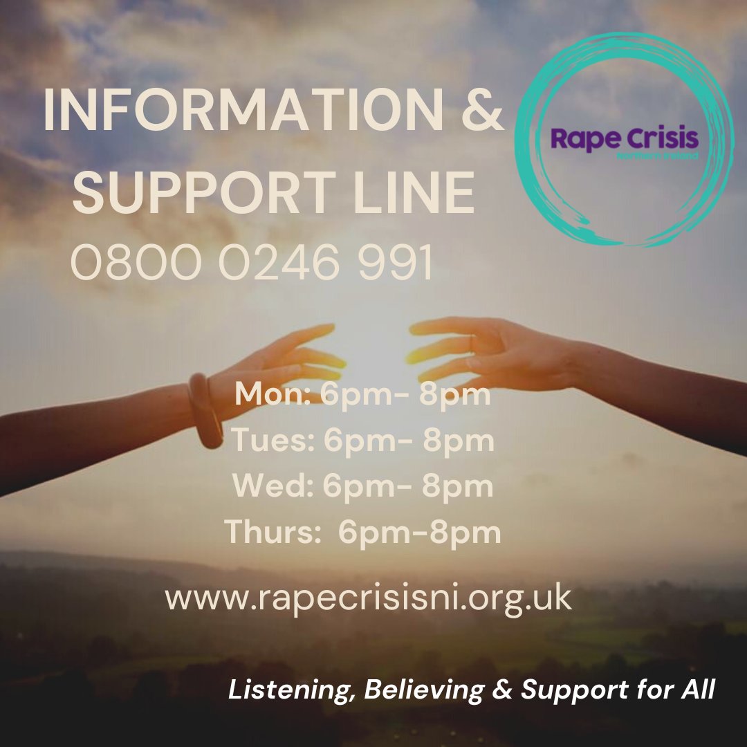 Our line will be open if you or someone you know, has experienced sexual violence contact our Information & Support line this evening, 6-8pm. We are here to listen to you without any judgement & to support you in complete confidence. #supportsurvivors