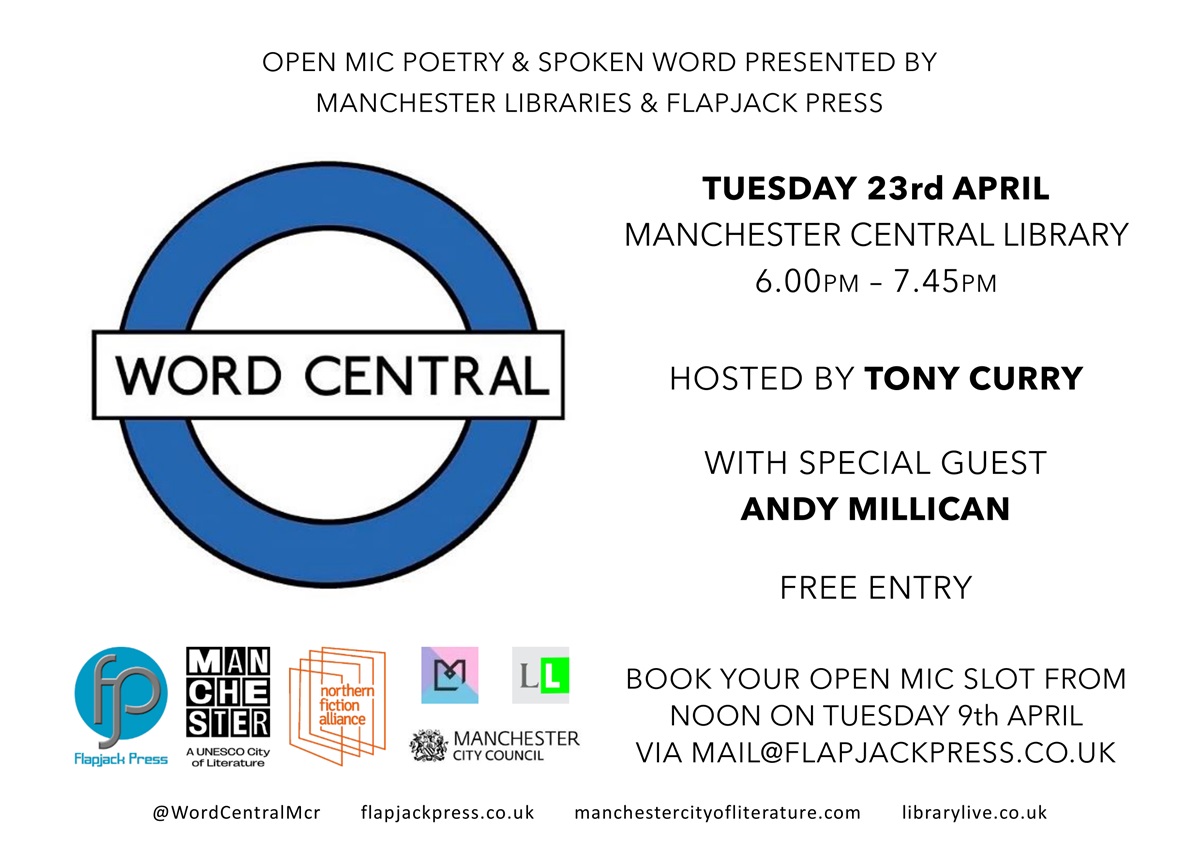 If you're quick off the mark you can book your open mic slot for this month's Word Central from noon on Tues 9th April. First come, first served - reserve list option available once filled. @MancLibraries @MCRCityofLit @FlapjackPress #poetry #spokenword