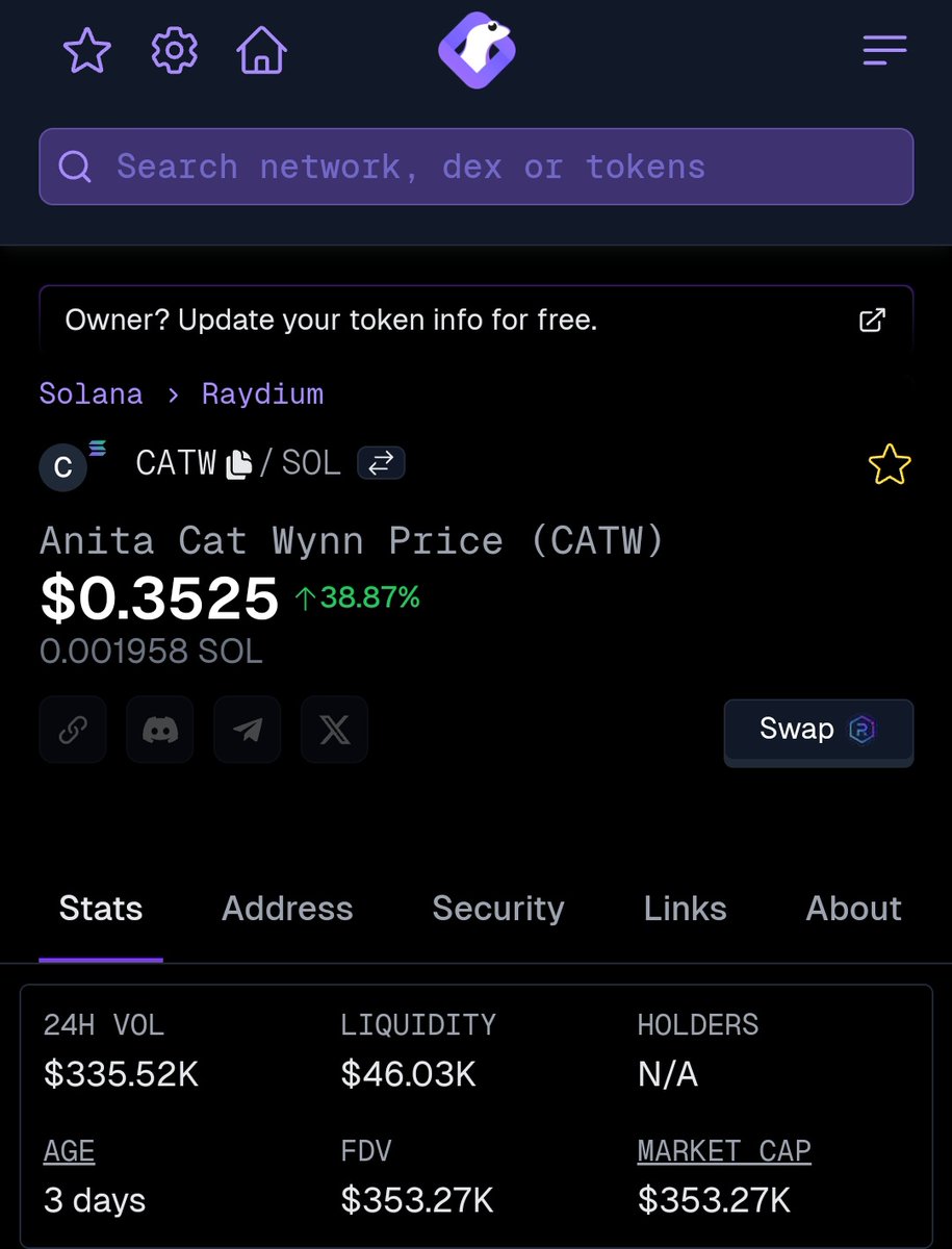 We applied to list Anita Cat Wynn 💥😾 $CATW on CoinGecko ✅

Request: CL0804240094

geckoterminal.com/solana/pools/Z…