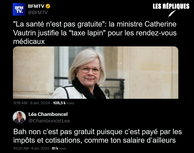 La ministre du Travail et de la Santé @CaVautrin, a affirmé ce matin sur RTL que la 'taxe lapin' voulue par le gouvernement, vise à 'responsabiliser' les Français car 'la santé n'est pas gratuite' @ChamboncelLea