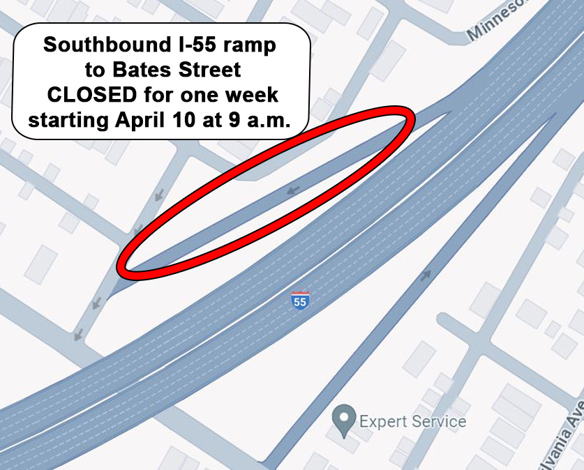 This Wednesday, April 10 at 9 a.m., crews will close the ramp from southbound I-55 to Bates (Exit 203) for a week. Drivers can use Loughborough and South Broadway to detour. Details: modot.org/node/44793