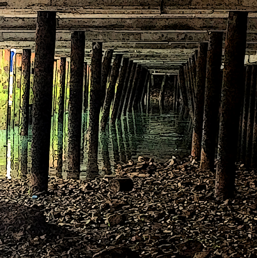 I went under the docks at Maryworth where the parental scarelore is of Drowned Dead, blue-skinned Blood Sisters and Salt Sprites trapped in iron bottles. Beyond stench of rot and diesel, you sense the truth of the space as temporary tidal temple. – Lou Kemp, Hookland artist, 1981