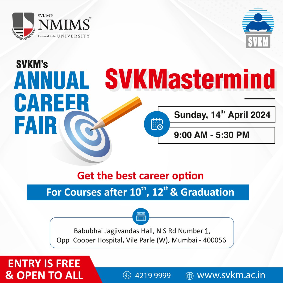 Unlock your potential at Mastermind 2024 - SVKM's Career Fair! Explore diverse career paths in Engineering, Commerce, Finance, Science, Arts, Law, Management, Pharmacy, and more. Connect with NMIMS experts on April 14th to guide your future choices. #NMIMS