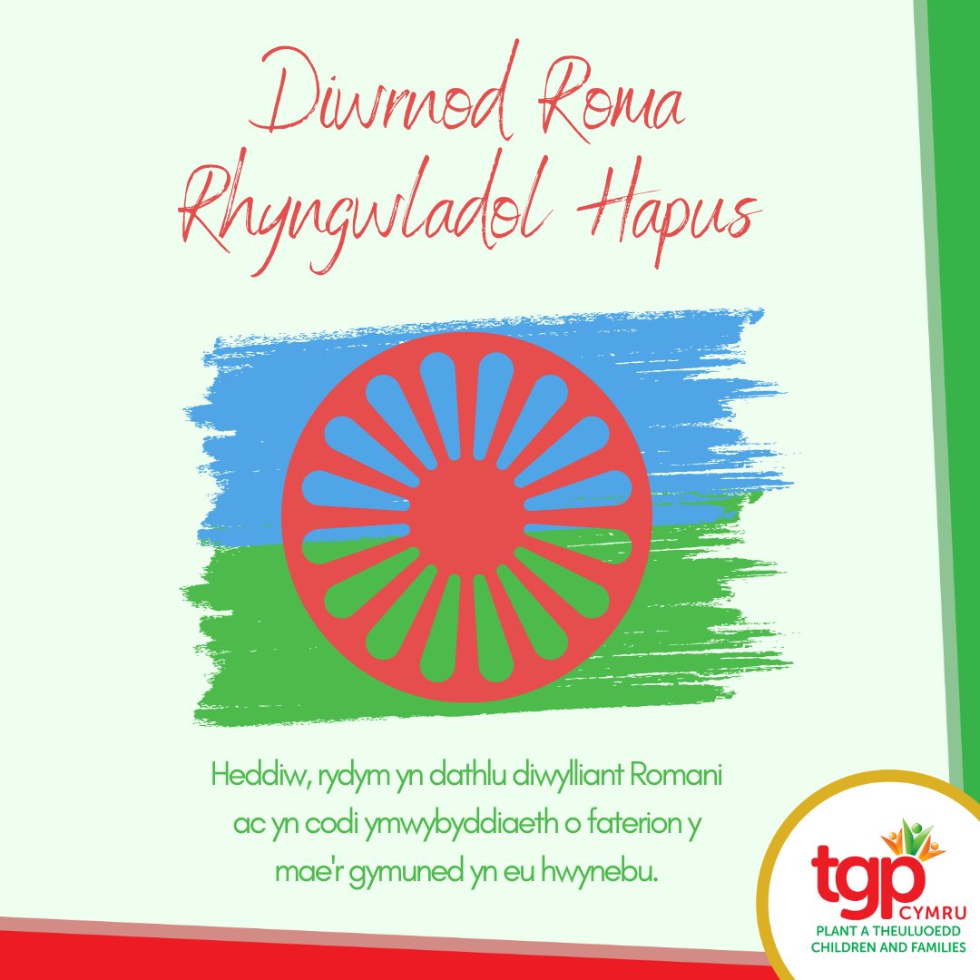 Diwrnod Roma Rhyngwladol Hapus! Heddiw, rydym yn dathlu diwylliant Romani ac yn codi ymwybyddiaeth o faterion y mae'r gymuned yn eu hwynebu. Mae'n werth dilyn y gwaith gwych y mae ein tîm Teithio Ymlaen yn ei wneud. I wybod mwy am y tîm -> tgpcymru.org.uk/cy/beth-rydyn-…