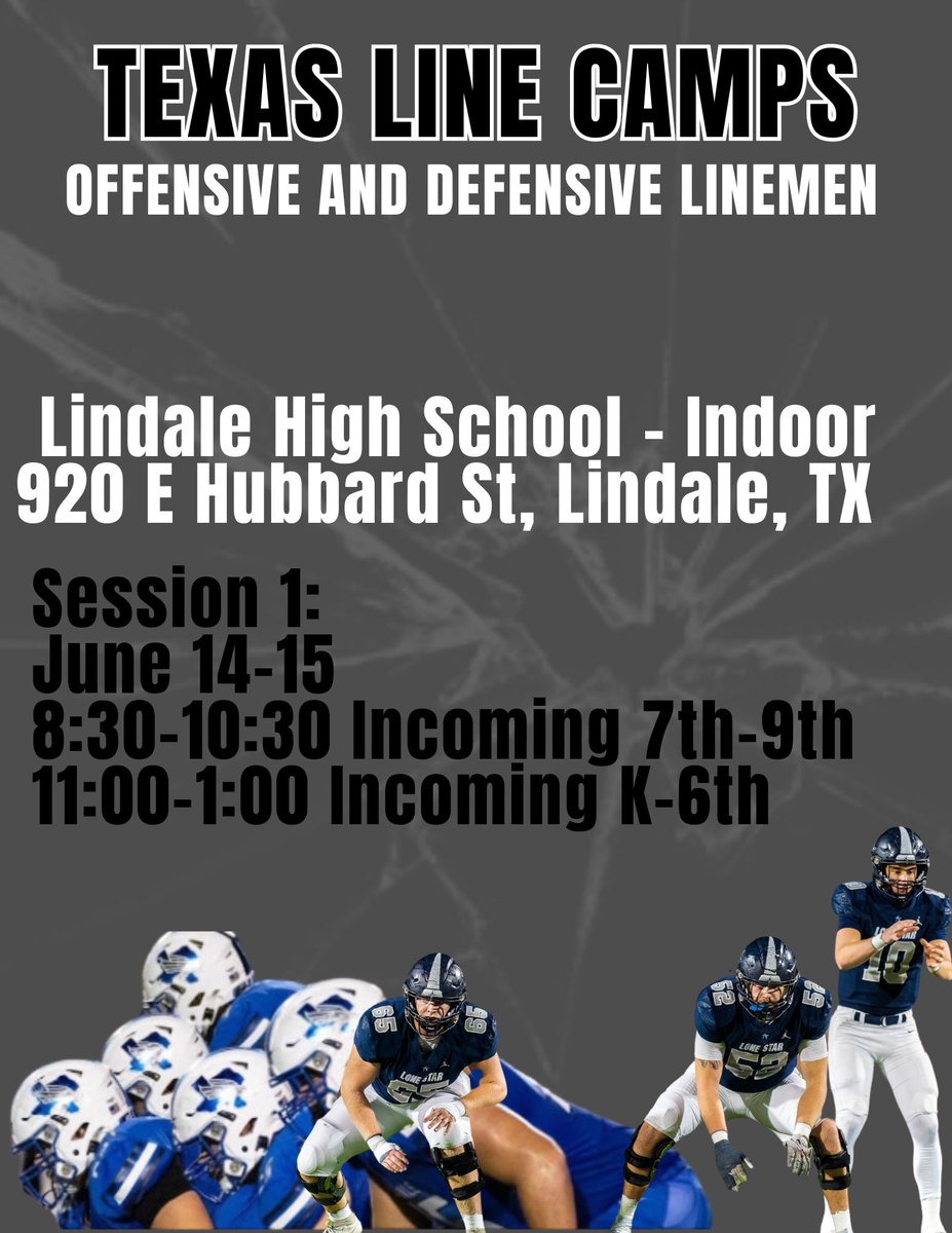 🚨🚨OL-DL CAMP!!!!🚨🚨 🏟️ Lindale High School - Indoor Facility 📅 June 14th and 15th 🕐 8:30-10:30 - Check in at 8 - 7th-9th Grade 🕐 11:00 - 1:00 - Check in at 10:30 - K-6th Grade 💵 $100