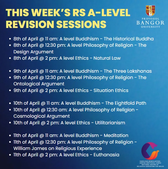 Many thanks to everyone who attended today's RS A-Level revision sessions online, held by Philosophy, Ethics and Religion @BangorUni and the National Centre of Religious Education for Wales. We will be back again tomorrow, Wednesday and Thursday!