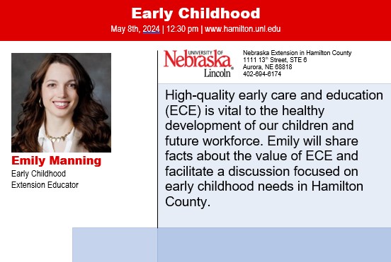 Emily  Manning, Early Childhood Extension Educator, will be sharing about her  work in Extension on Wednesday, May 8th at 12:30 pm at the Aurora Public  Library.  This meeting is open to all.