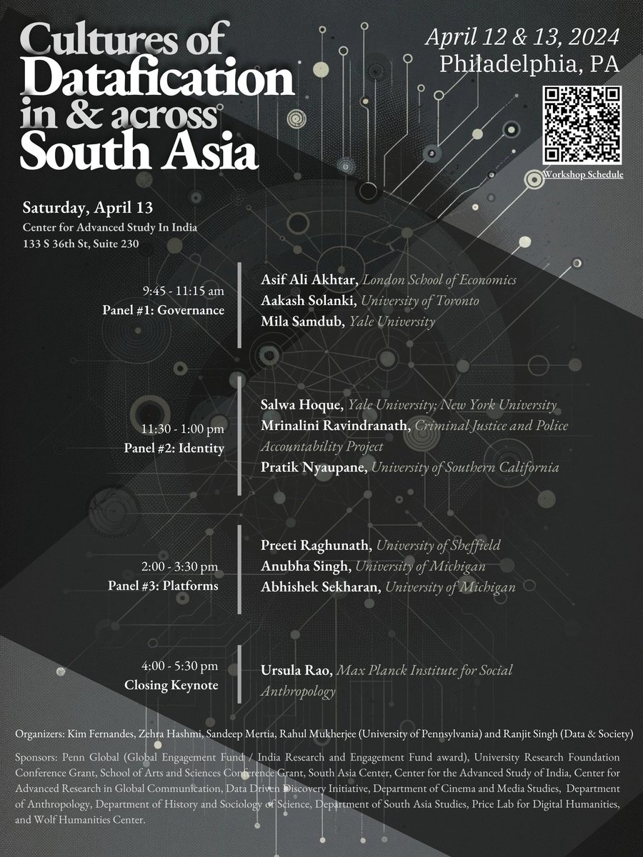 Featuring workshop presentations by Asif Ali Akhtar, @theplaa @bulletprooflama @SalwaHoque @MrinRa @PNyau9, Preeti Raghunath, @AnubhaUsha @Abhishek_s03 Full program: bit.ly/DataficationWo…