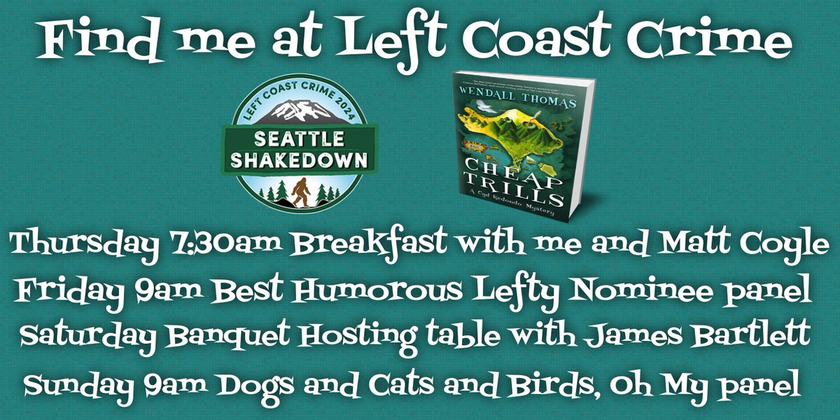 For anyone who's attending @leftcoastcrime this week, these are the official places I'll be, but please feel free to stop me in the hallway or find at the various events and say hello! #leftcoastcrime2024 #awardnominee #WritingCommunity