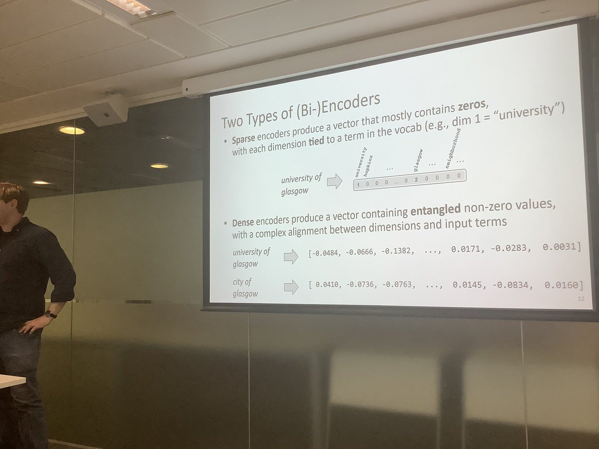 Listening to Andrew Yates @andrewyates (University of Amsterdam) giving an in-person @ir_glasgow seminar at @GlasgowCS entitled “An encoder-centric view of neural retrieval” #GlasgowIRTalk