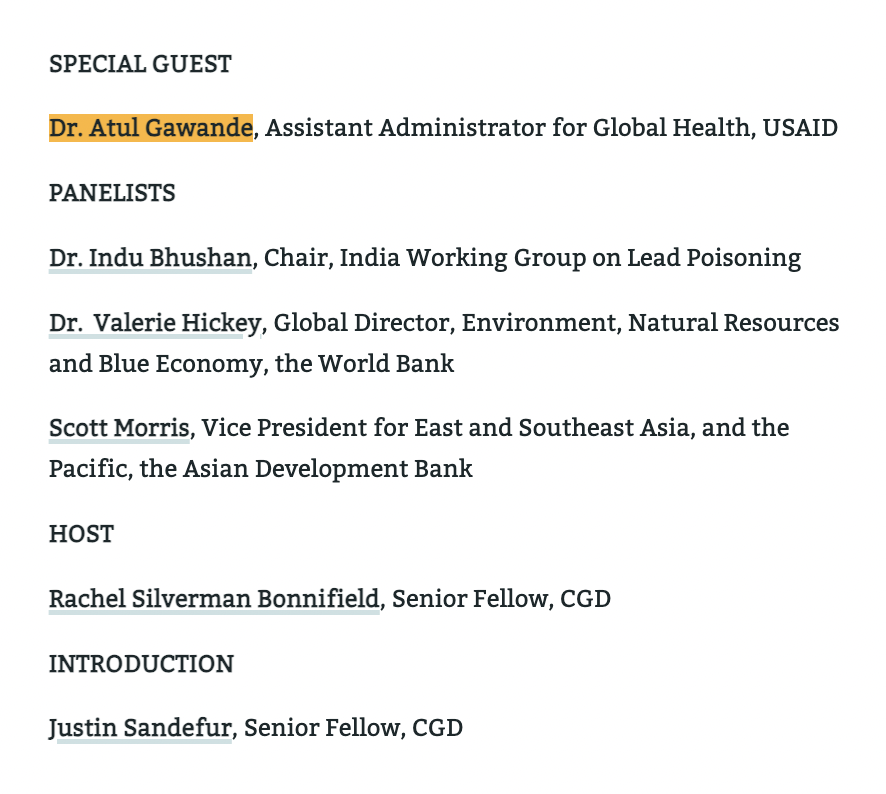 USAID has recently signaled it will take on global lead poisoning. Other multilaterals are on board. But what's the plan? Come hear @GawandeUSAID at CGD next week, with CGD's own @rsilv_dc + a panel with @ibhushan @ValerieMHickey & @ScottMorrisADB. cgdev.org/event/towards-…