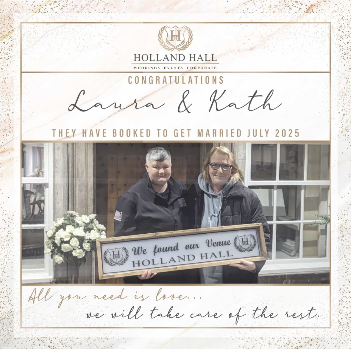 Congratulations Laura & Kath! They have booked to get married July 2025! 🤍💗💒 

All you need is love…we will take care of the rest. ❤️😍🫶🏼

#Wedding2026 #DreamVenue #Love #bespokewedding #AllYouNeedIsLove #hiddengemofwestlancs 
#Wedding2024 #Wedding2025 #lancashirevenue