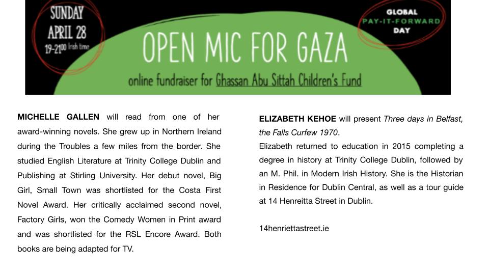 Say Hello to two special guests Author @michellegallen & Historian In Residence @ElizabethKehoe1 @14HenriettaSt who will join the Open Mic for Gaza ZOOM on #GlobalPayItForwardDay April 28, 7-9 pm Irish time 🍉register/donate shorturl.at/gjJS5 🍉
