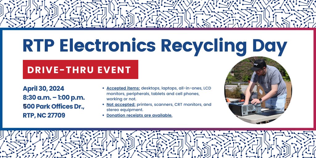 📣Local friends: On Tuesday, April 30, there's an RTP Electronics Recycling Day! Fill out the form and drop off your accepted items. Usable computers will be refurbished to bridge the digital divide, ensuring data security and responsible recycling. docs.google.com/forms/d/e/1FAI…