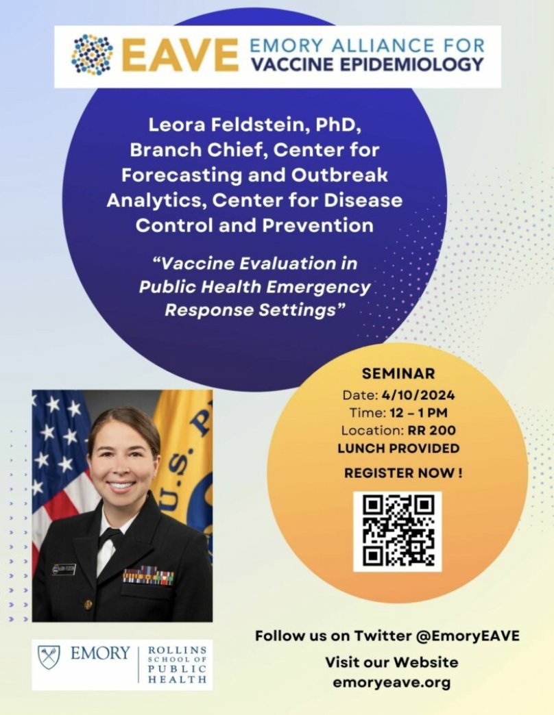 Join <a href="/EmoryEAVE/">EmoryEAVE</a> this Wednesday, April 10th to hear from Dr. Leora Feldstein on Vaccine Evaluation in Public Health Emergency Response Settings! Registration link is below -- Hope to see you there!
emoryeave.org/event/eave-apr…