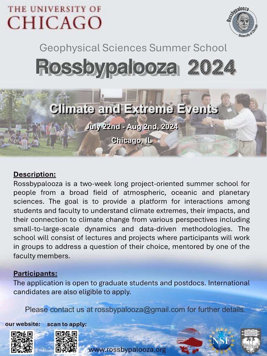 Students/postdocs: Join us @GeoSci_UChicago for the Rossbypalooza 2-week summer school on 'Climate and Extreme Events' this July rossbypalooza.org. Visiting faculty: Paul O'Gorman (MIT, keynote), @BillBoos (Berkeley), @profadamsobel (Columbia), Yi Zhang & Jon Weare (NYU)