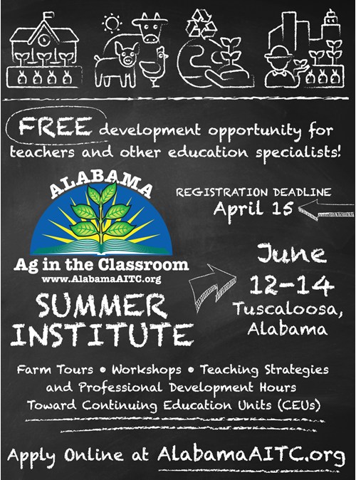 𝑹𝑬𝑴𝑰𝑵𝑫𝑬𝑹! Registration deadline for the Alabama Ag in the Classroom Summer Institute is next Monday, April 15, 2024! Please share with teachers and other education specialist. Apply online at: alabamaaitc.org/app-applicatio…