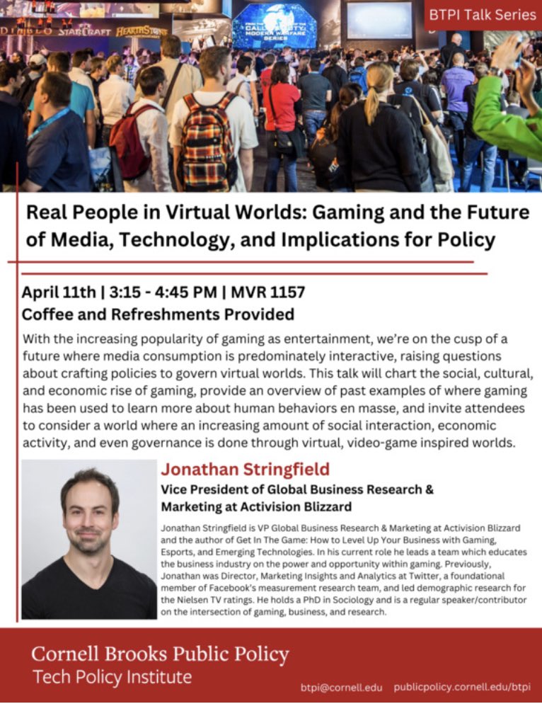 [TPI EVENT]: Interested in the implications of virtual worlds? Mark your calendars for April 11th 3:15 - 4:45 PM EST for a TPI talk by the distinguished @JDStringfield! @CornellBPP @CornellMedia For more information: publicpolicy.cornell.edu/events/real-pe…