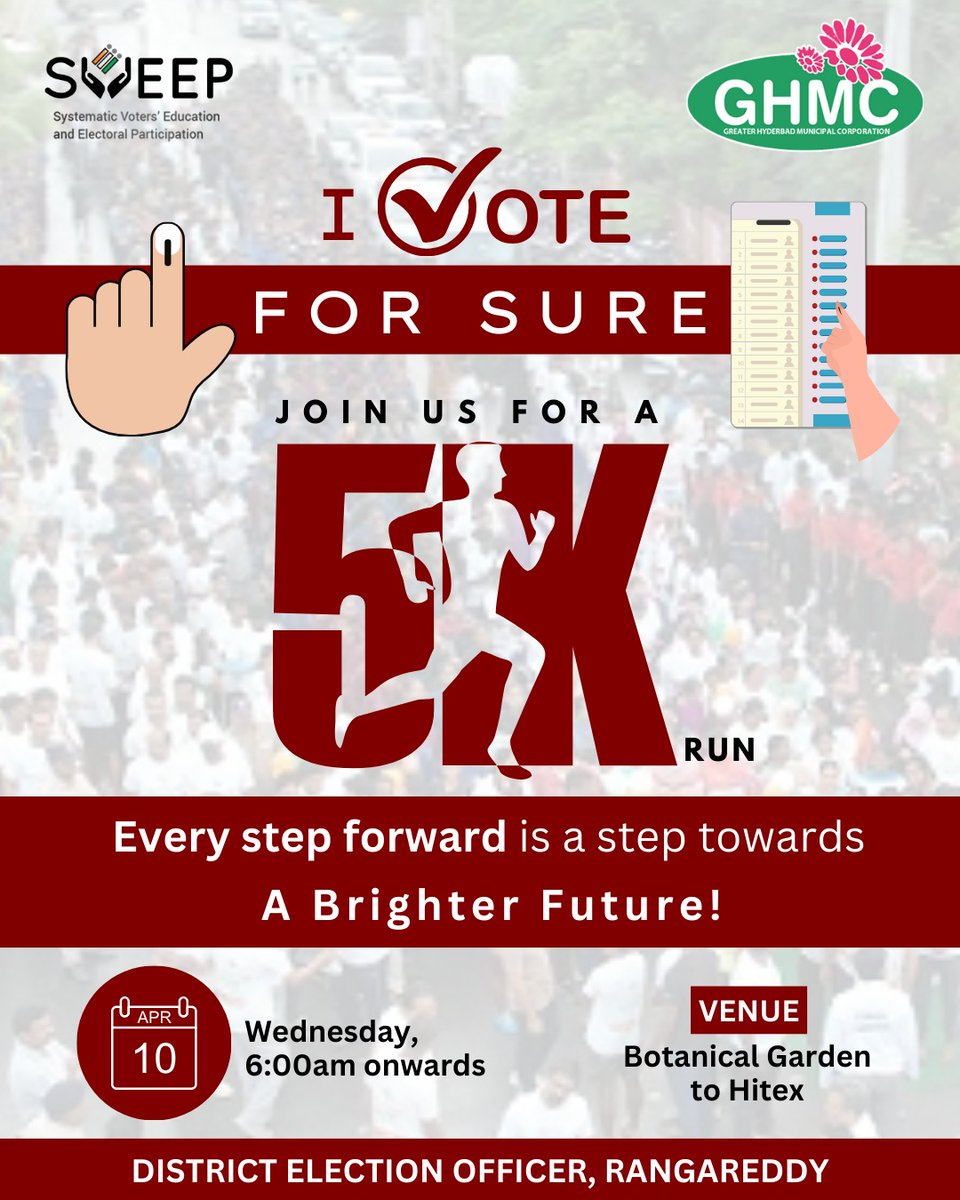 Let's sprint towards a more informed and active democracy! Lace up for a 5K run from Botanical Garden to Hitex this Wednesday at 6:00 am. Lets make every step and every vote Count!! #VoterAwareness #5KRun #SVEEP @CollectorRRD @sveep_rrd @CommissionrGHMC @CEO_Telangana…