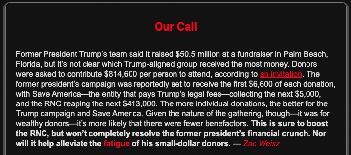 If you follow the money following former President Trump's megafundraiser on Saturday, you might find that the RNC is the biggest beneficiary. But the fundrasier won't resolve the fatigue among Trump's small-dollar donors. My take in today's @njhotline