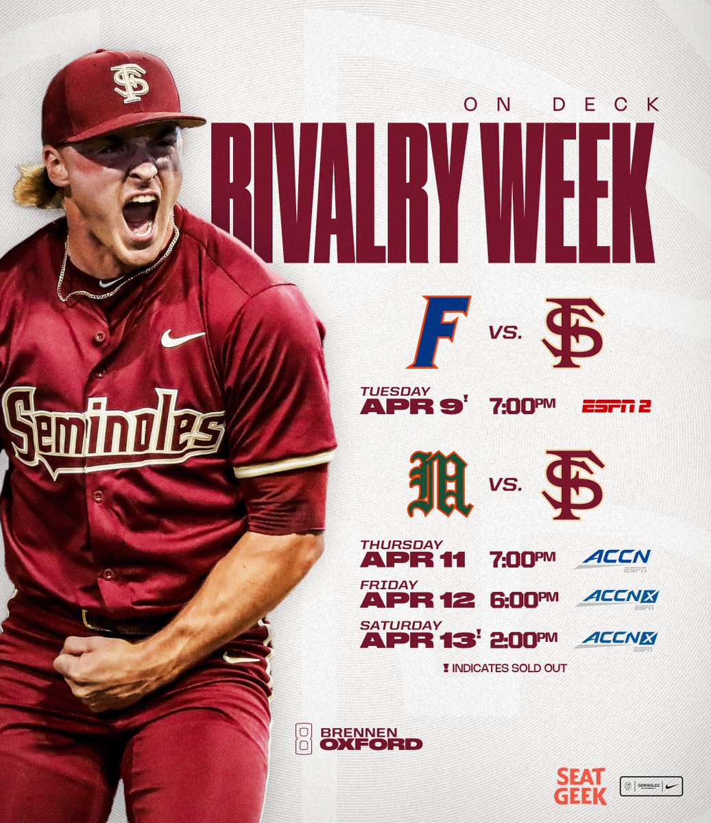 FSUBaseball's tweet photo. 🗣️ HUGE week at Howser

🎟 https://t.co/TDUFZUI861

@SeatGeek | #Noles https://t.co/B2JkzRrXMf
