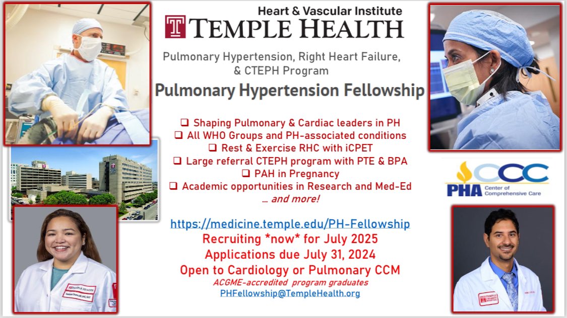 Sharing @TempleHealth Advanced 1Yr #PulmonaryHypertension /#PVD Fellowship in Philadelphia, USA 🏆Apply now‼️PHFellowship@TempleHealth.org 🏆Led by @anjalivaidyaMD 🏆Join @TempleCards for ALL PH 🫀🫁, #iCPET,🤰PH, #CTEPH, & more. 🔗medicine.temple.edu/PH-Fellowship💻 #ACC24 #ACC2024