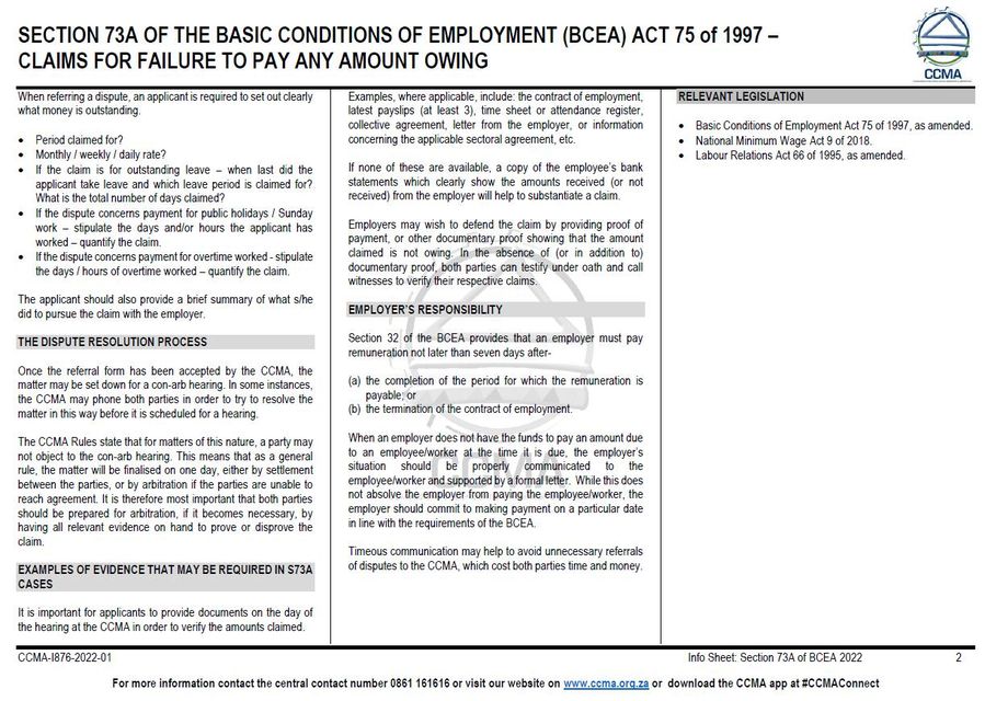 When an employer owes an employee money related to their work relationship, the law protects the employee. Read the information sheet on BCEA S73A - claims for failing to pay an amount outstanding below for more details. Click here to access the info-sheet rb.gy/b1ashe