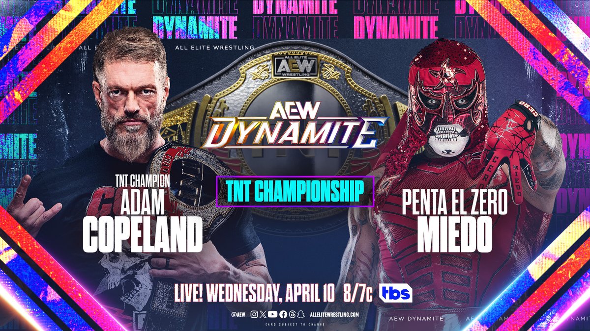 The TNT Championship is on the line this Wednesday night when @PENTAELZEROM and @RatedRCope face off! Will @tntdrama change their bio? Find out at 8/7c WEDNESDAY when #AEWDynamite is LIVE on TBS