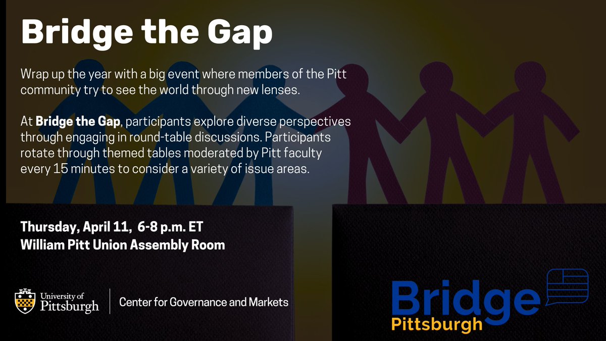 Thursday, join us and @BridgePitt for Bridge-the-Gap: a large-scale event where participants rotate between moderated tables focused on one issue including topics such as: ➡️ Climate change ➡️ Healthcare ➡️ Drug Policy Learn more and register here: docs.google.com/forms/d/1-iCXd…