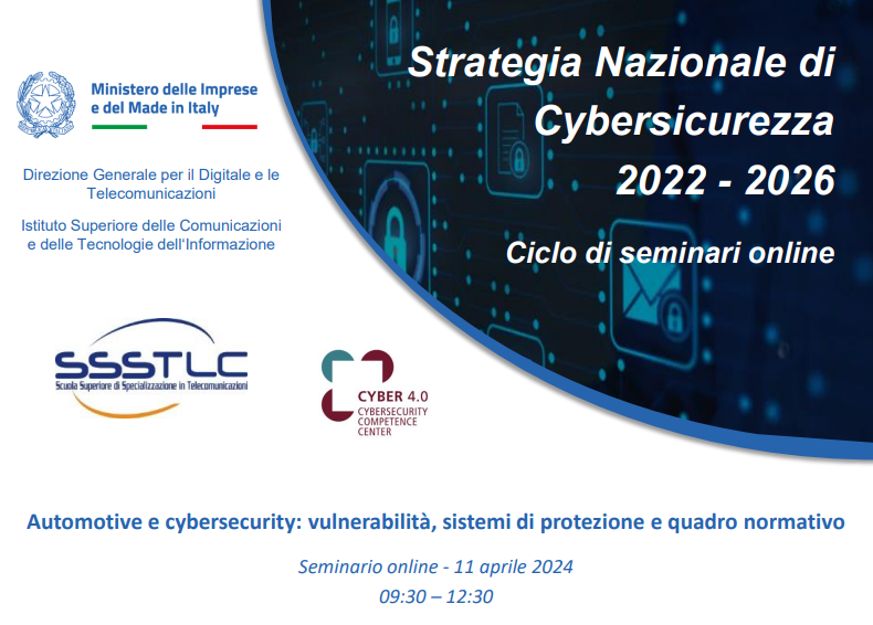 mimit_gov's tweet photo. 💻La #SSSTLC, nell’ambito dei seminari sulla strategia nazionale di #cybersicurezza, l'#11aprile organizza il webinar “Automotive e cybersecurity: vulnerabilità, sistemi di protezione e quadro normativo”.
Inviare email a scuolasuperiore.tlc@mise.gov.it per link di partecipazione https://t.co/bQYBpswJ1J