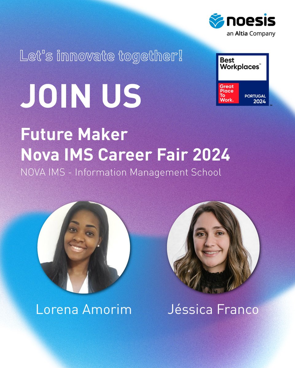 📢 #teamnoesis will be present at the Nova IMS Career Fair 2024!

Jéssica Franco and Lorena Amorim will be there to introduce you to the Noesis universe and present you with our opportunities.

Come and join us!😉

#jobfair #careeropportunities #joinus #recruitment #youngtalent
