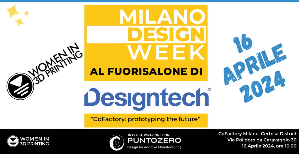 WoW! #Wi3DP Italia 🇮🇹 will be at the Fuorisalone of the Milan Design Week on Tuesday 4/16, 10am CEST with an event hosted at the Designtech CoFactory and organized in collaboration with @ZERO_DfAM. Join us for a roundtable, CoFactory tour and networking🥂 buff.ly/3U2HQ36