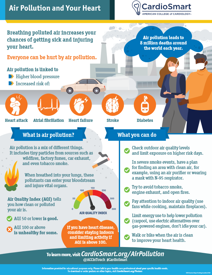 Air pollution leads to 8 million deaths around the world each year. Use this #CardioSmart infographic to talk to your patients about the steps they can take to protect their heart health. Learn more: bit.ly/4aBfzWQ

#ACC24