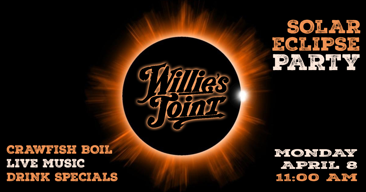 If you are like us you want some crawfish today to make the eclipse watching even better.

Willie's Joint has you covered starting at 11am plus live music and more.

Cold beer, margaritas and more.

#noworkmonday
#eclipseparty
