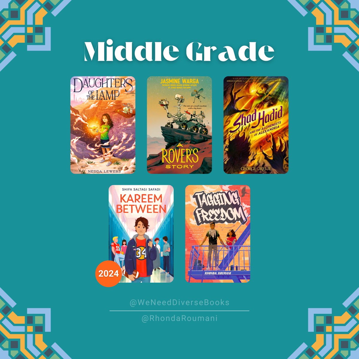 @OmarAbedWrites @RandaAFattah @Two_Desert @HMoushabeck @cfastwolf @ayaghanameh @MalakMattarart @ayawrites @NadiaRoumani @TheDannyRamadan MIDDLE GRADE 📖 “Daughters of the Lamp” by @NeddaLewers 📖 “A Rover’s Story” by Jasmine Warga 📖 “Shad Hadid and the Alchemist of Alexandria” by @ByGeorgeJreije 📖 “Kareem Between” (2024) by Shifa Saltagi Safadi 📖 “Tagging Freedom” by Rhonda Roumani