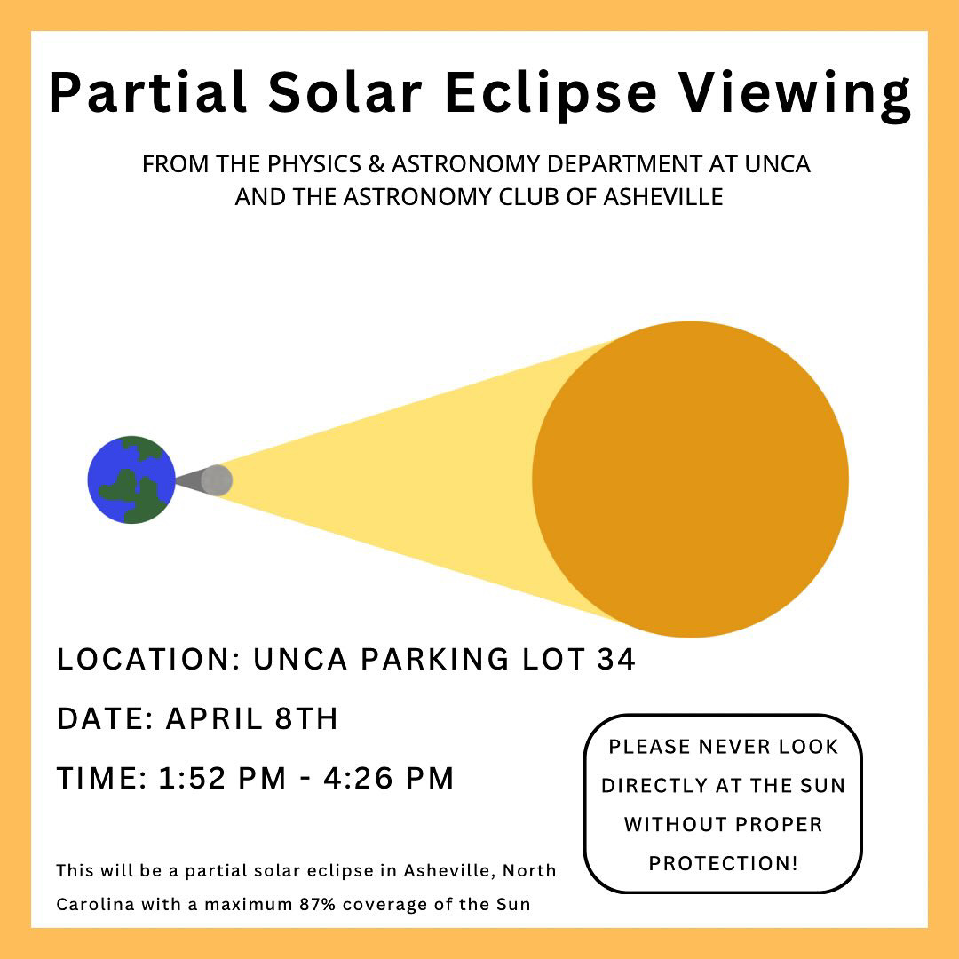 There will be a partial solar eclipse viewing at parking lot 34 on the UNC Asheville campus today, hosted by the Physics and Astronomy Department and the Astronomy Club of Asheville. ☀️