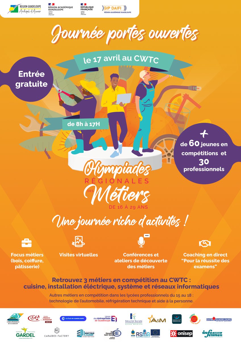 🚨Ne manquez pas Le grand RDV des talents de Guadeloupe🚨Du 15 au 18 avril 𝐋𝐞𝐬 𝐎𝐥𝐲𝐦𝐩𝐢𝐚𝐝𝐞𝐬 𝐑𝐞́𝐠𝐢𝐨𝐧𝐚𝐥𝐞𝐬 𝐝𝐞𝐬 𝐦𝐞́𝐭𝐢𝐞𝐫𝐬 transforment 3 lycées pro et le CWTC en de véritables arènes ! + 𝐝𝐞 𝟔𝟎 𝐭𝐚𝐥𝐞𝐧𝐭𝐬 s’affronteront dans 6 métiers💪🏾