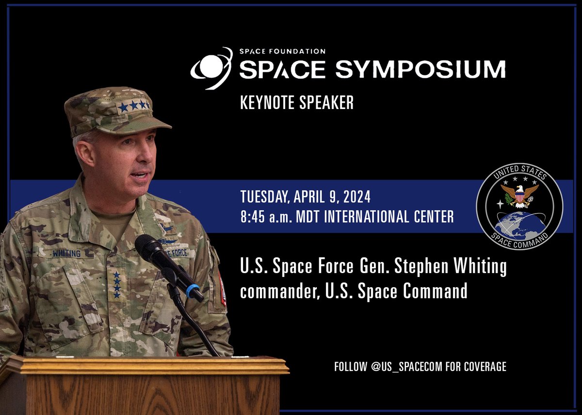 Tomorrow, Tuesday, April 9, at 8:45 a.m. MDT @SpaceForceDoD Gen. Stephen Whiting, #USSPACECOM commander, will open #39Space with a keynote speech where he will address how key partnerships are crucial to the nation’s warfighting advantage.