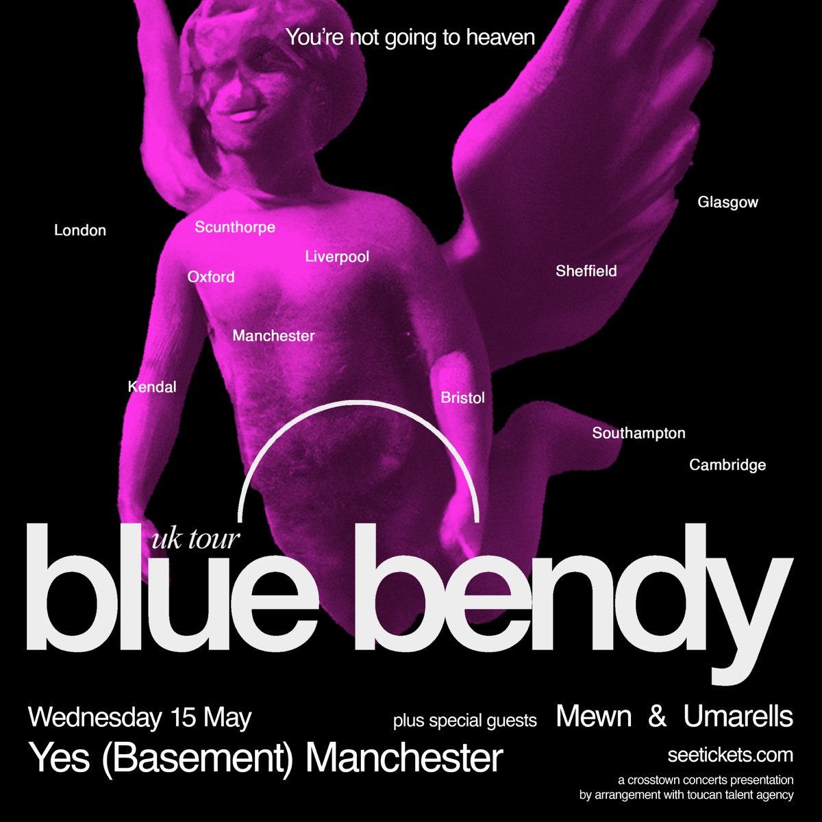 Blessed to be supporting @bluebendyband on the Manchester date of their album tour along with Umarells Can confirm this record is truly truly brilliant Will the sell out? Probably yes. Do not miss! Tickets below linktr.ee/mewnband