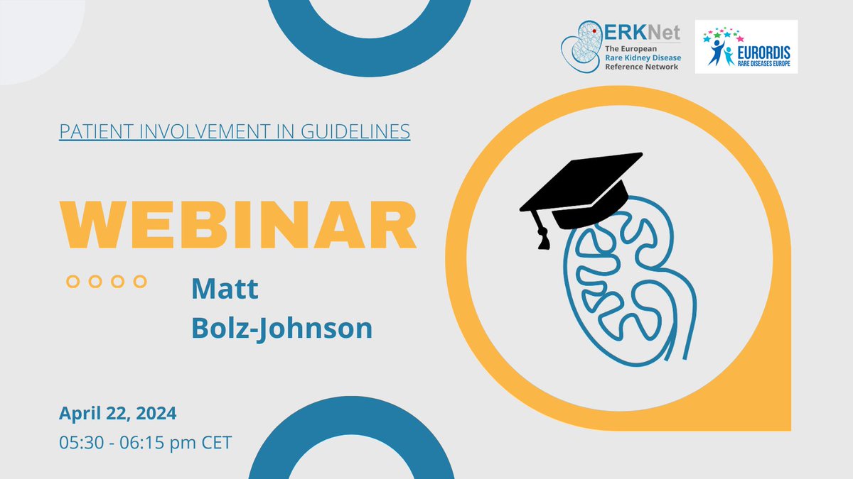 🌟 Exciting Webinar  Announcement🌟
Take part in an ERKNet/EURORDIS webinar on 'Patient Involvement in Guidelines' by Matt Bolz-Johnson.
🗓 Date: Monday, April 22nd
🕒 Time: 17:30 - 18:15 CET
You're welcome to sign up and join the webinar.
🔗 lnkd.in/ekZRKZUr