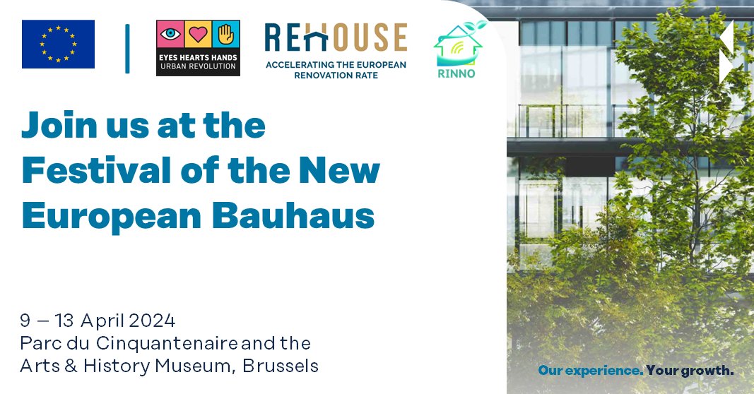Join us in Brussels for the Festival of the New European Bauhaus! We're presenting @eyesheartshands, @REHOUSE_Project and @rinno_h2020 projects, aimed at transforming societies through sustainability, aesthetics, and inclusion 🇪🇺 #GrowWithRINA